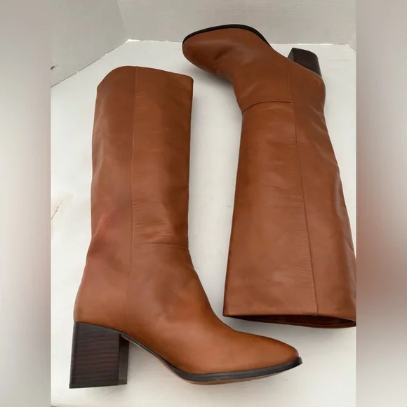 J. CREW SADIE RICH OAK KNEE HIGH LEATHER UPPER AND STACKED HEEL IMPORTED SZ 11 - Picture 2 of 12
